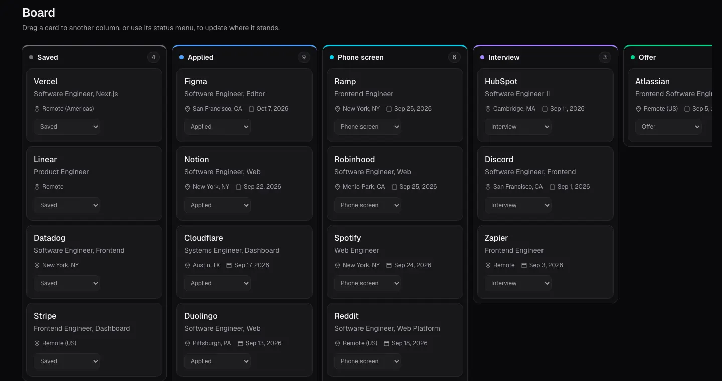 Landed's board: job applications as cards in Saved, Applied, Phone screen, Interview and Offer columns