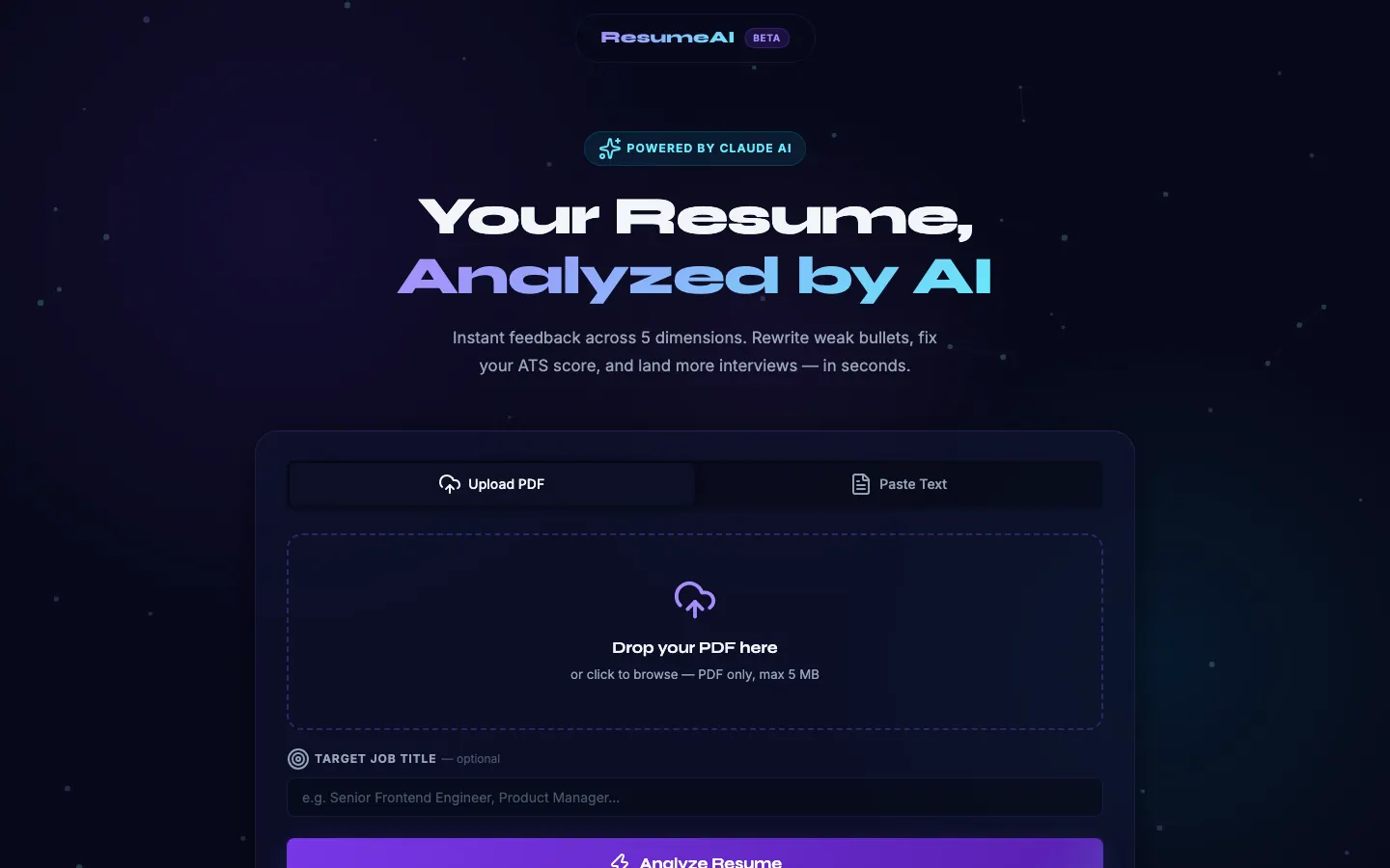 ResumeAI's upload screen: drop a PDF resume and a target job title to analyze it